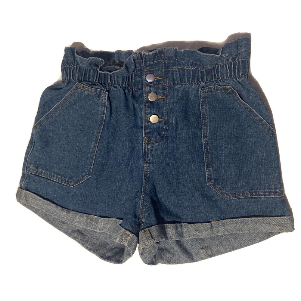 Shein Womens Blue High Waisted Button Fly Cuffed Denim Paper Bag Shorts Size L